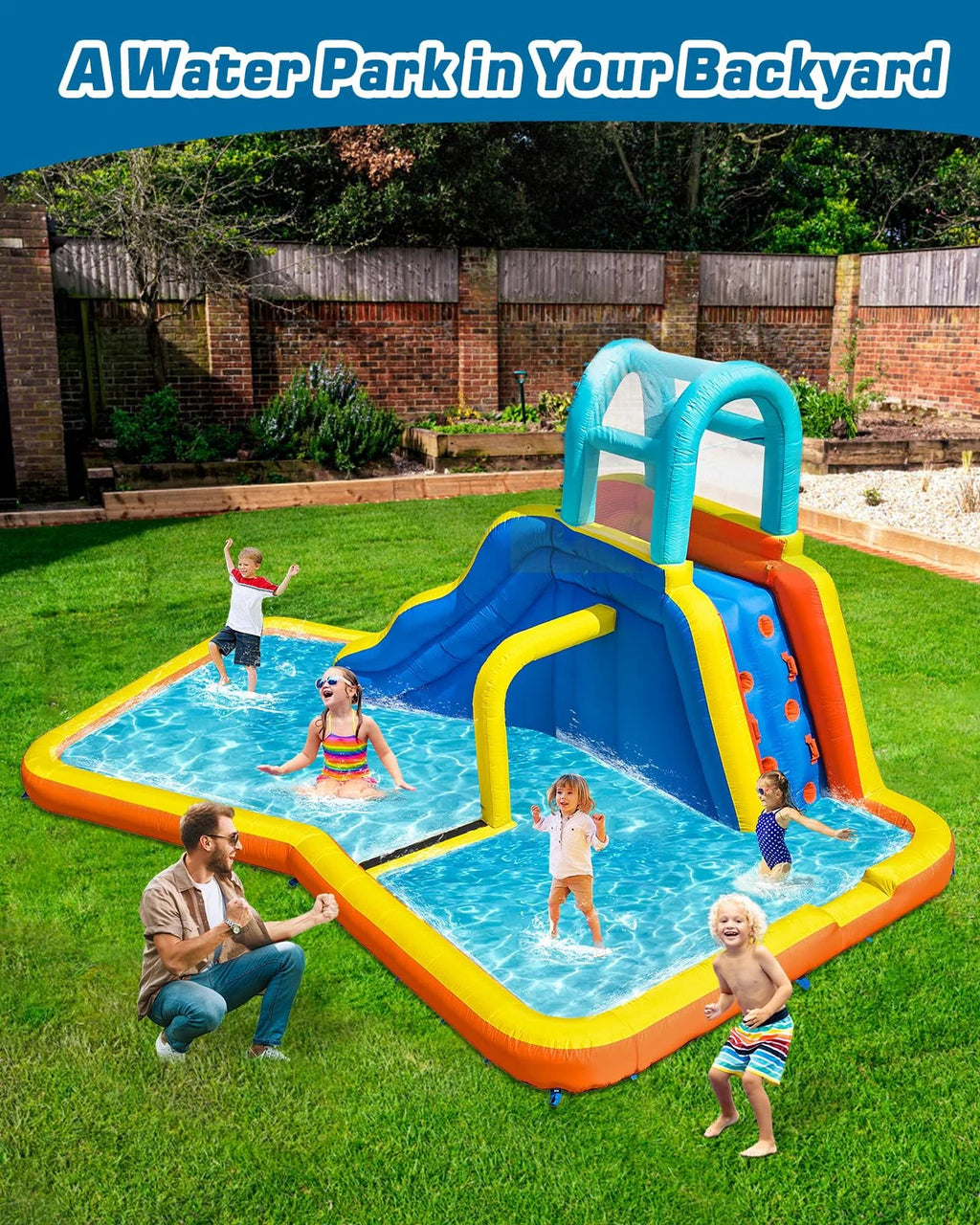 Inflatable Water Slide Park with Spray Pool, Bounce House with Climbing Wall and Blower X738