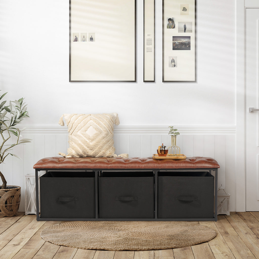 Brown Button Tufted Faux Leather Storage Bench A758694