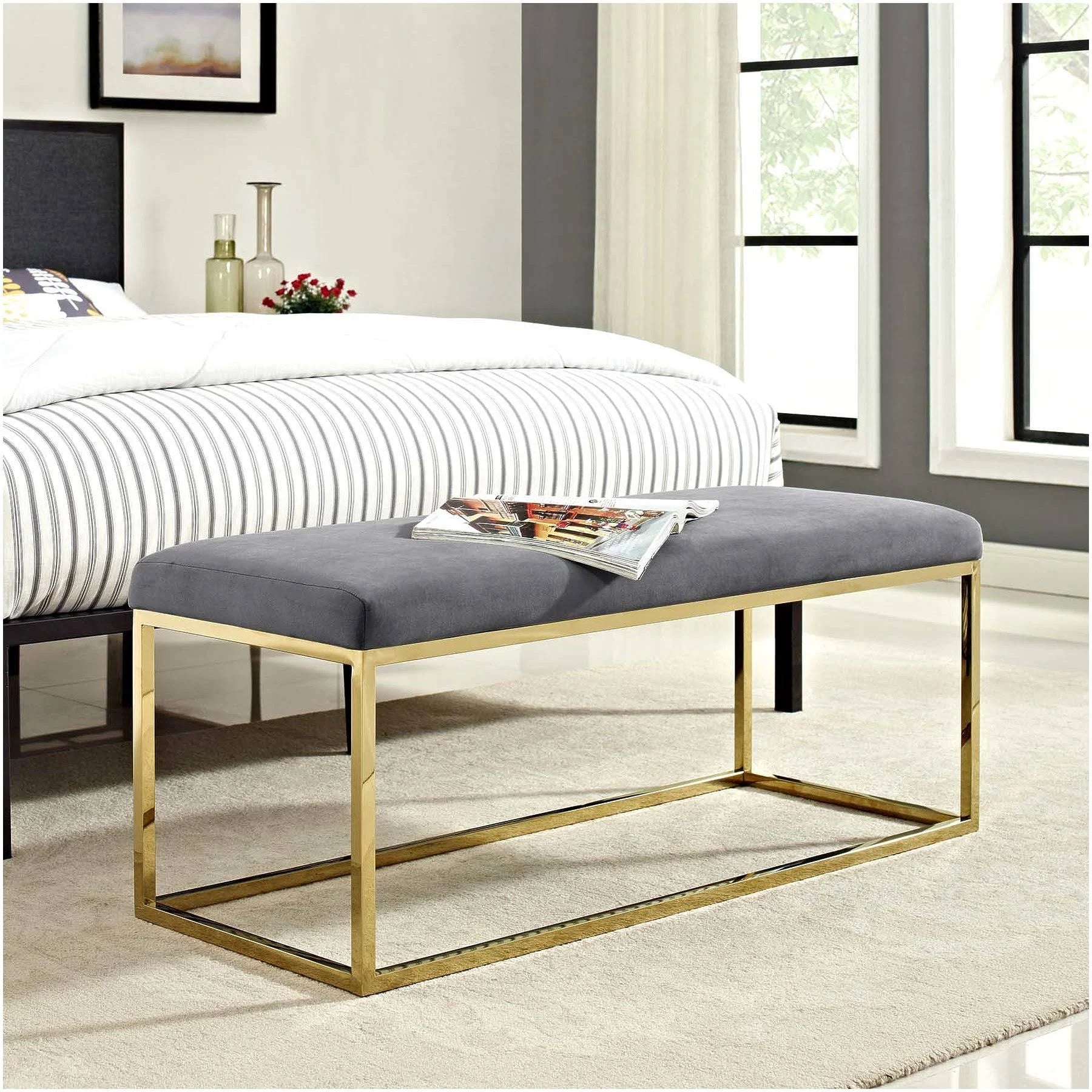 Gold Gray Fabric Bench M87423