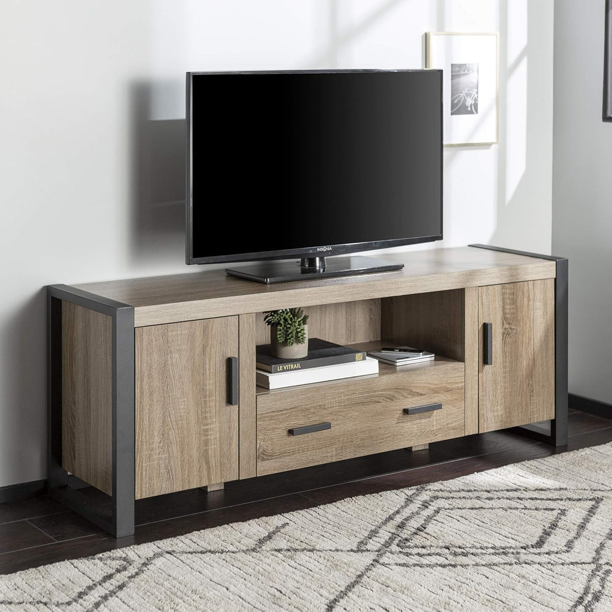 70 Inch Charcoal Wood TV Stand with Cabinet Doors J204163