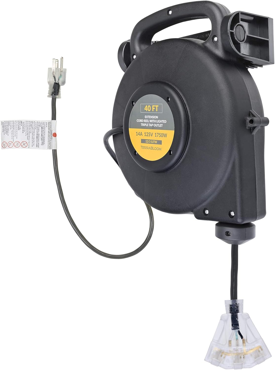 45 Ft Retractable Extension Cord Reel with 3 Electrical Outlets Heavy Duty Yellow Case Black Cable K742