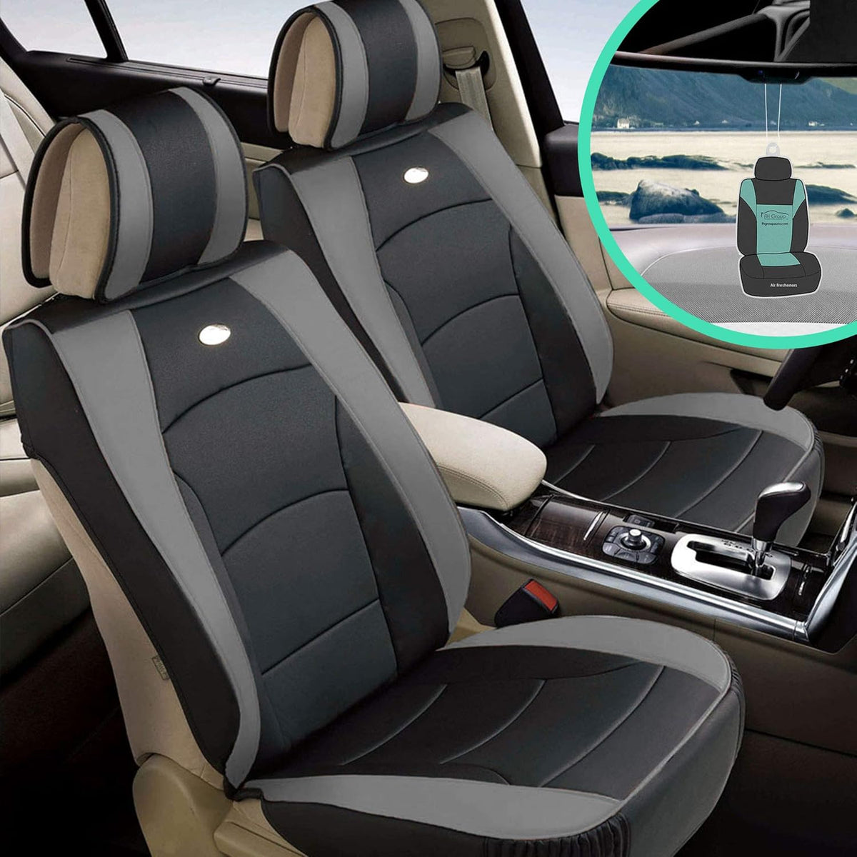 Faux Leather Car Seat Covers Front Set Solid Gray N3795
