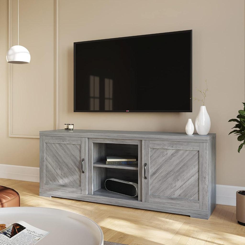 Gray Wash TV Stand with Two Shelves and Storage Cabinets D52188