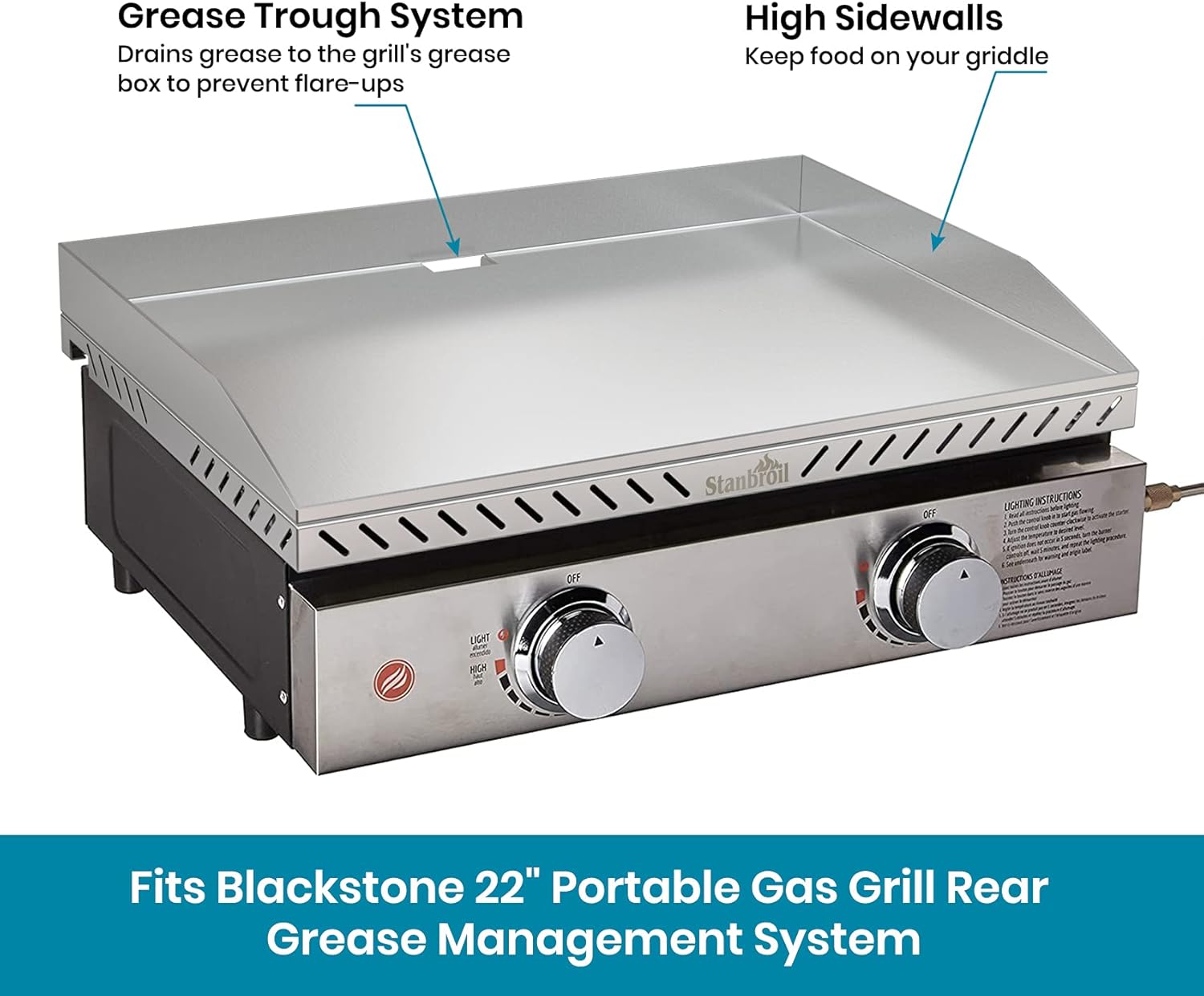 22 Inch Stainless Steel Table Top Gas Grill Griddle for 2 Burners Portable Propane Fueled Grill Q8010