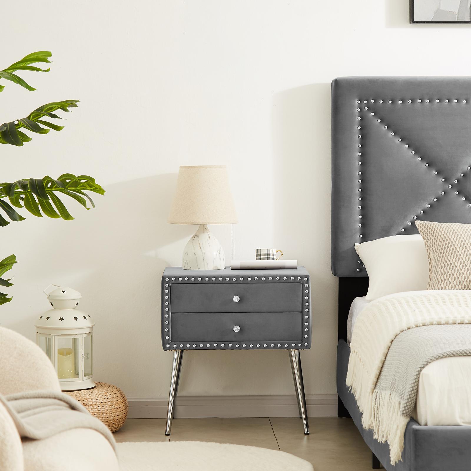 Gray Velvet Nightstand with 2 Drawers and Metal Legs Y391