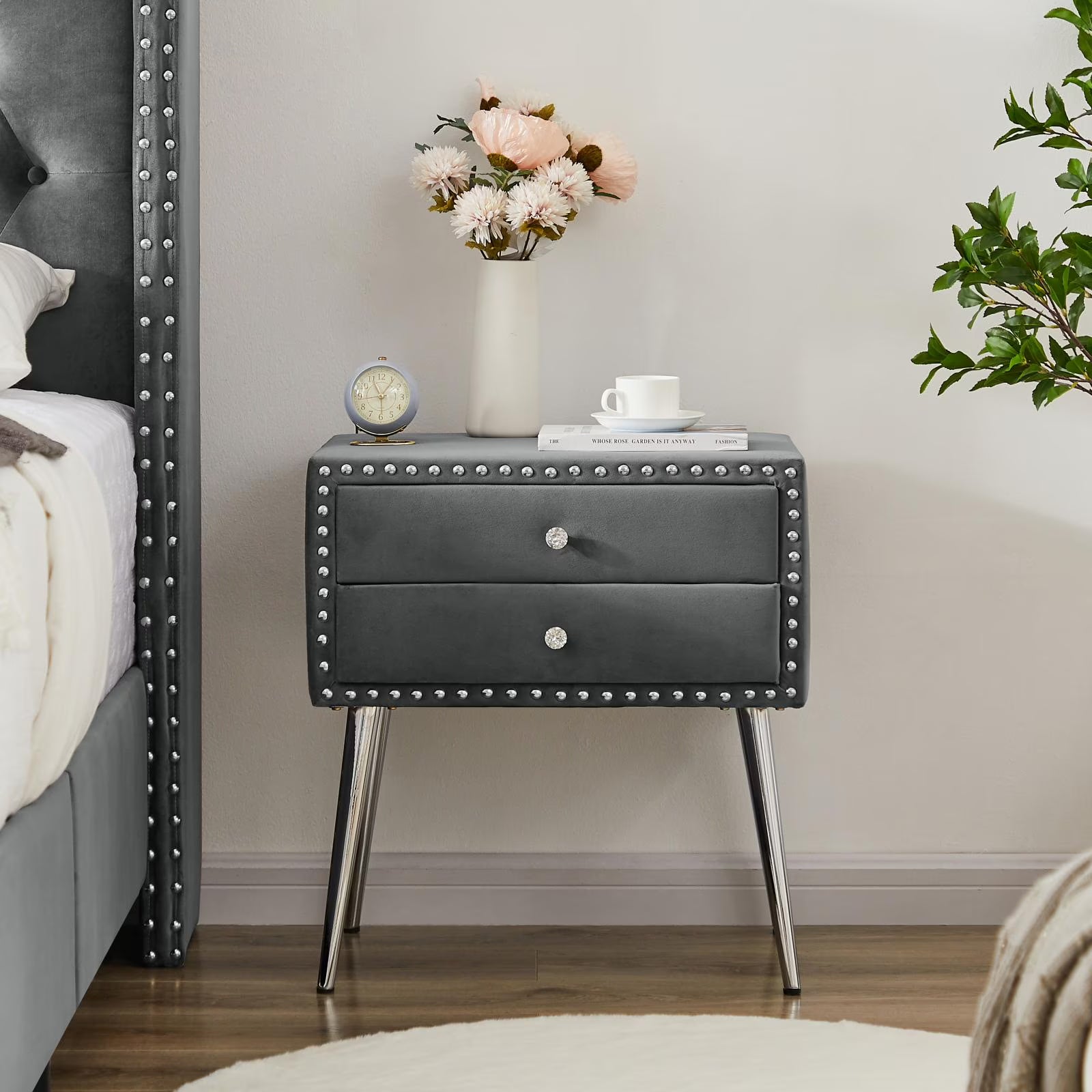 Gray Velvet Nightstand with 2 Drawers and Metal Legs Y391