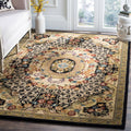 Floral Bordered Wool Area Rug, Black/Gold, 7'6" x 9'6" F2042