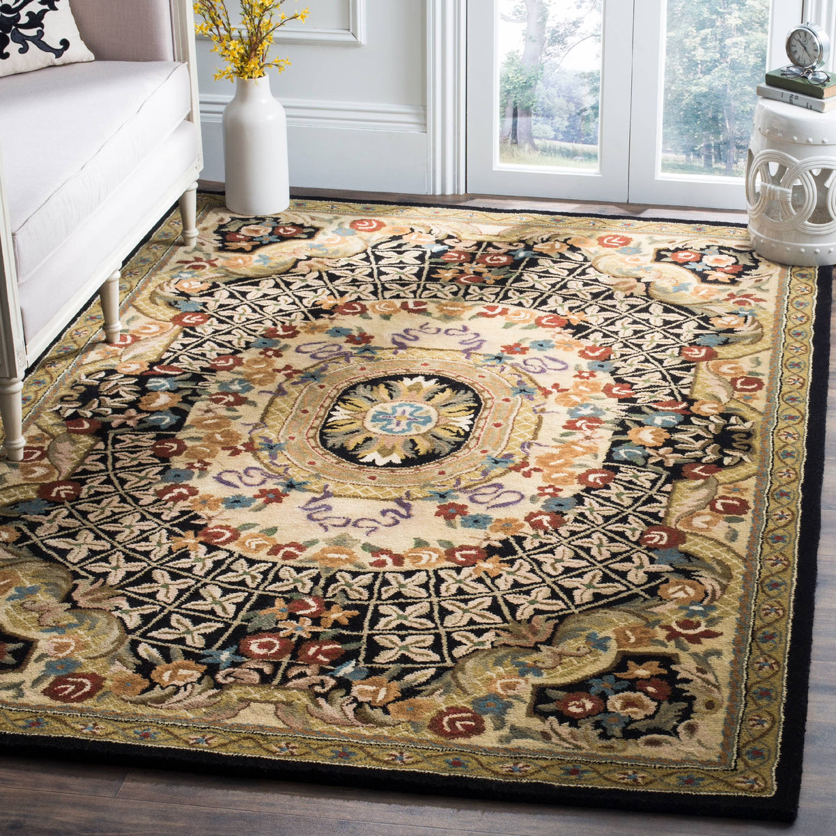 Floral Bordered Wool Area Rug, Black/Gold, 7'6" x 9'6" F2042
