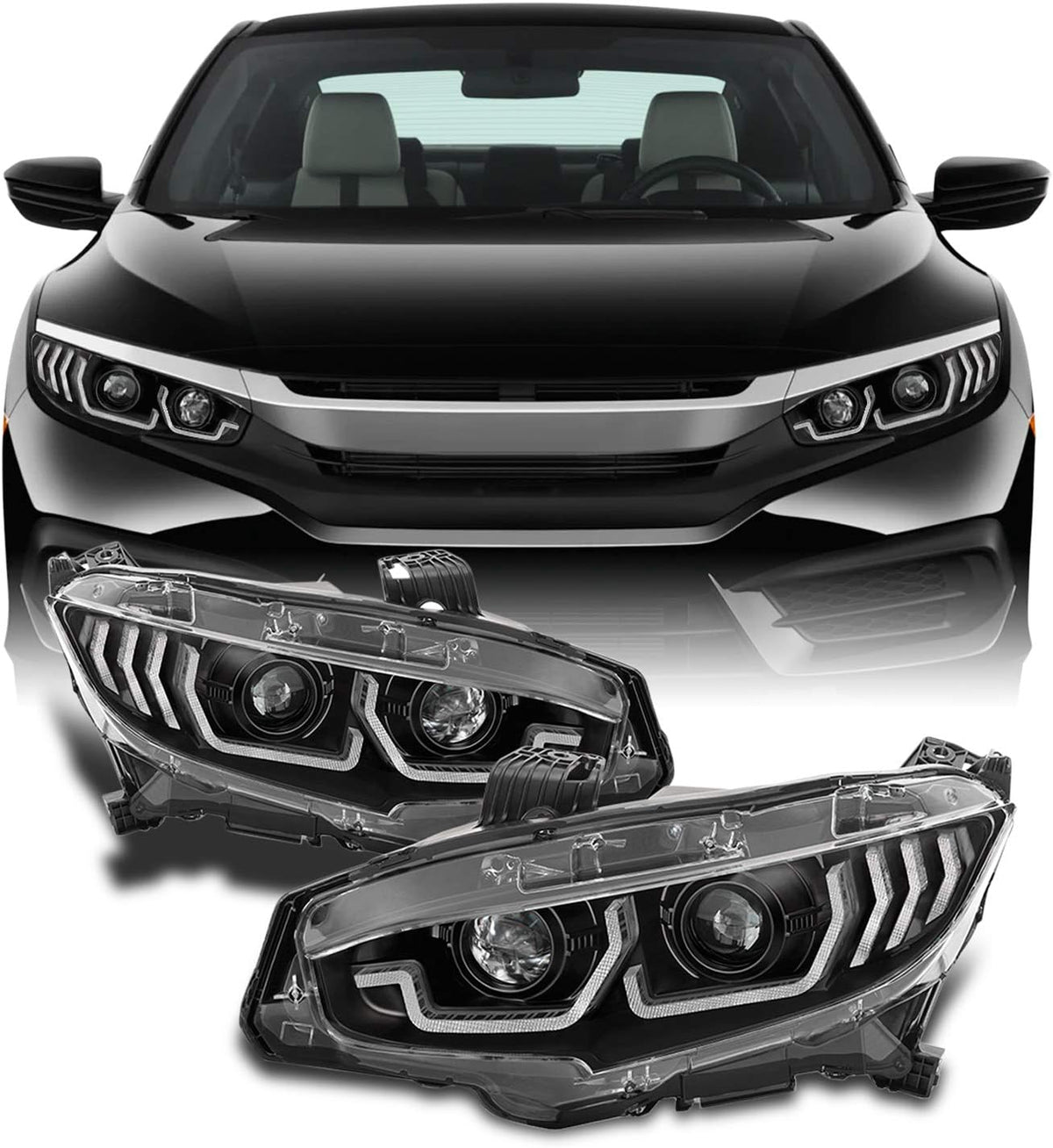 Black Sequential Side Signal Projector Headlights Pair T4580