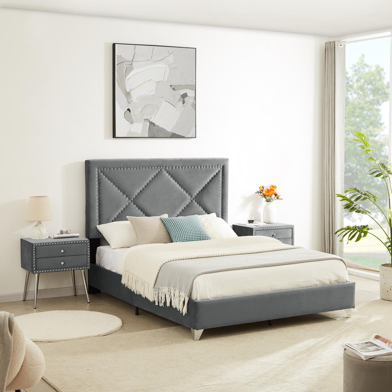 Gray Velvet Nightstand with 2 Drawers and Metal Legs Y391