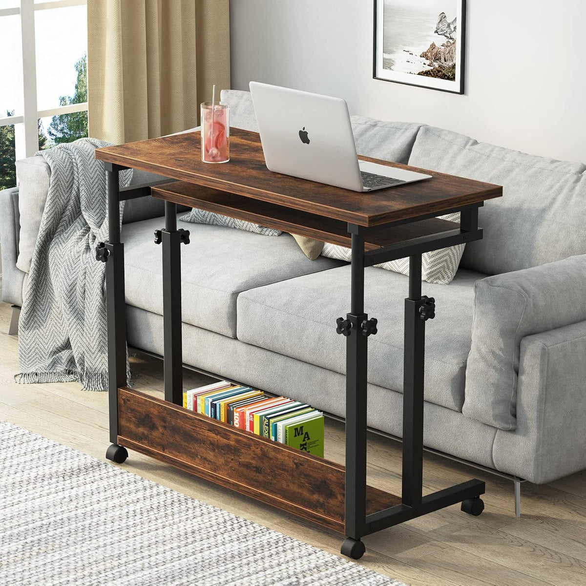 Black Height Adjustable Rolling Computer Desk with Keyboard Tray K470449