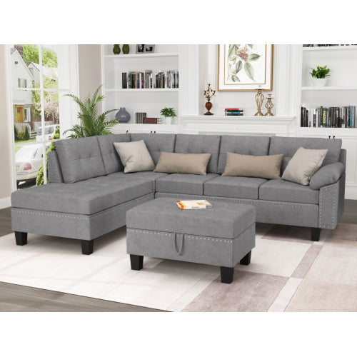 Grey Sectional Sofa Set with Chaise Lounge and Storage Ottoman Q3259
