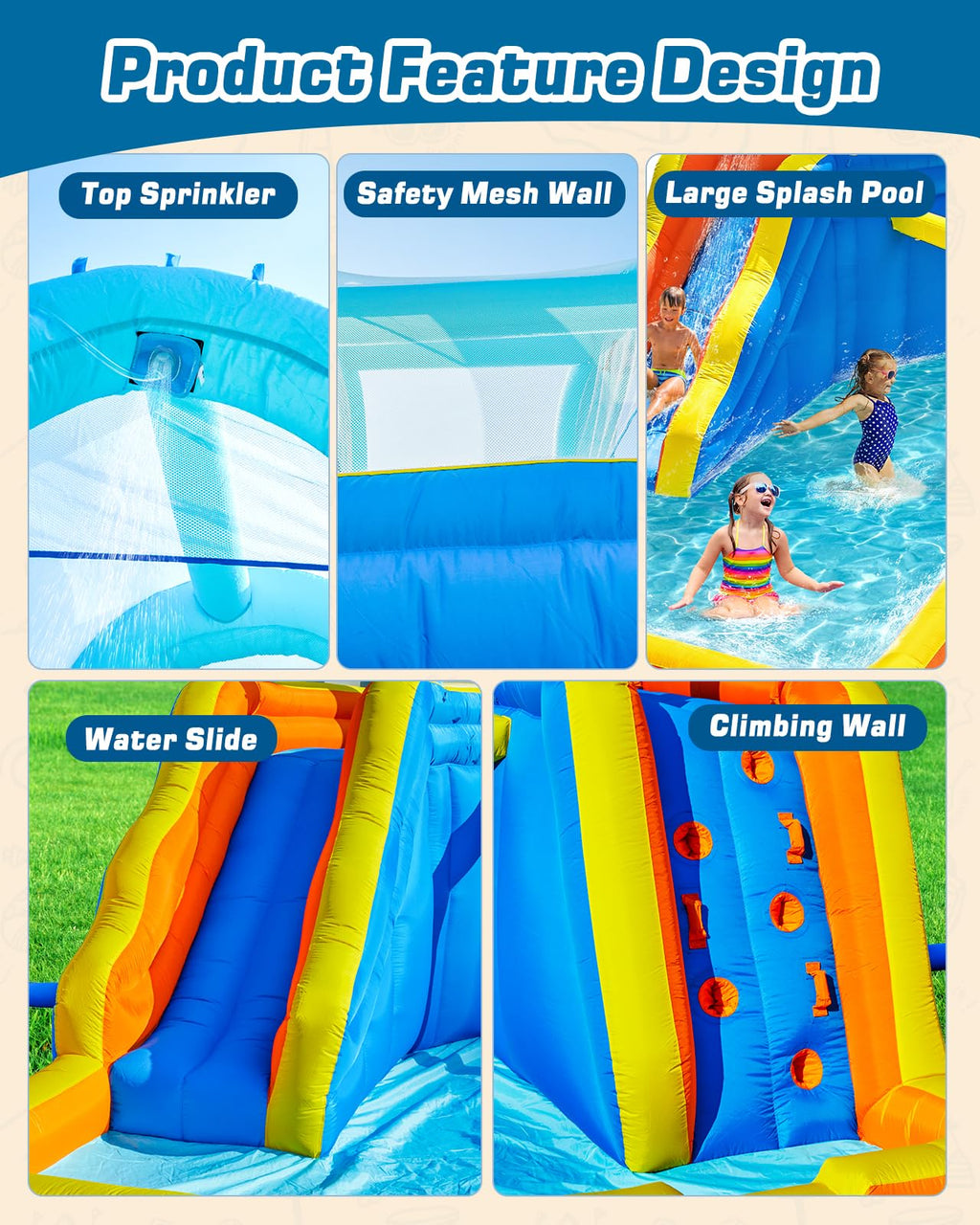 Inflatable Water Slide Park with Spray Pool, Bounce House with Climbing Wall and Blower X738