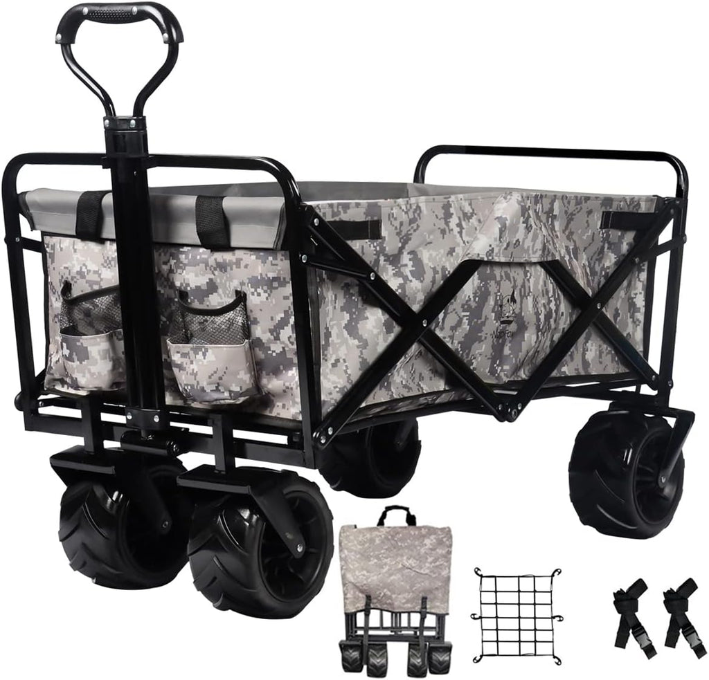 Red Heavy Duty Folding Beach Wagon Cart with Universal Wheels Adjustable Handle I877776