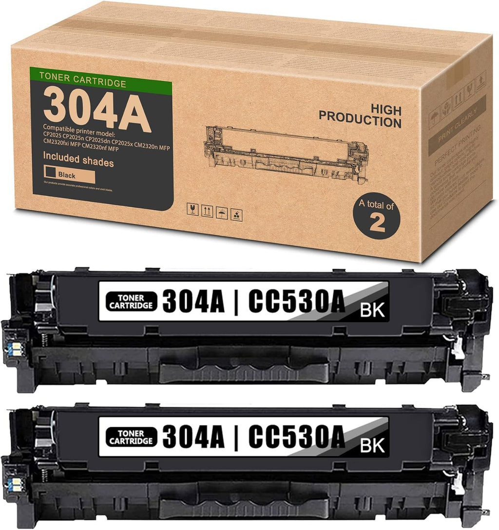 2-Black 304A CC530A Toner Cartridge Replacement for HP CM2320n CM2320fxi CM2320nf CP2025 CP2025n CP2025dn CP2025x Printer Y646