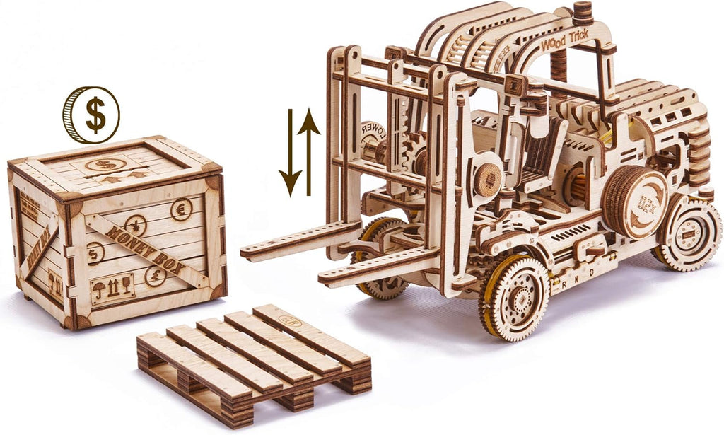 3D Wooden Puzzle Forklift Truck Model Kit with Pallet and Money Box O70754