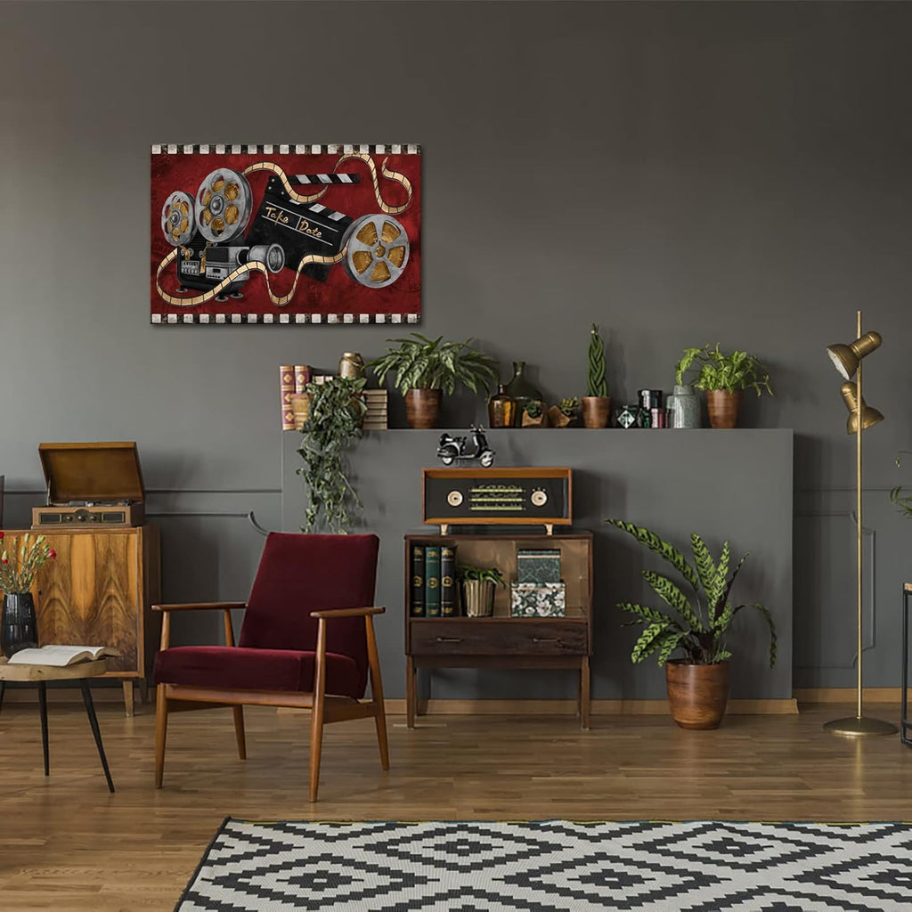 Large Black and Red Canvas Painting Movie Projector Film Reels Artwork Ready to Hang L600