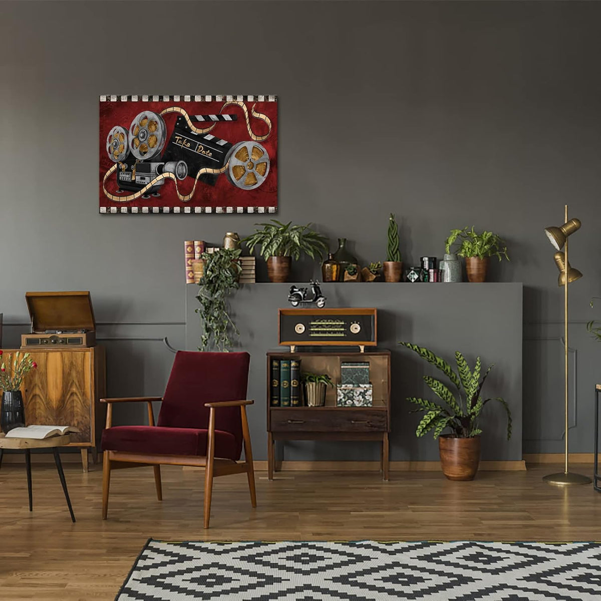 Large Black and Red Canvas Painting Movie Projector Film Reels Artwork Ready to Hang L600