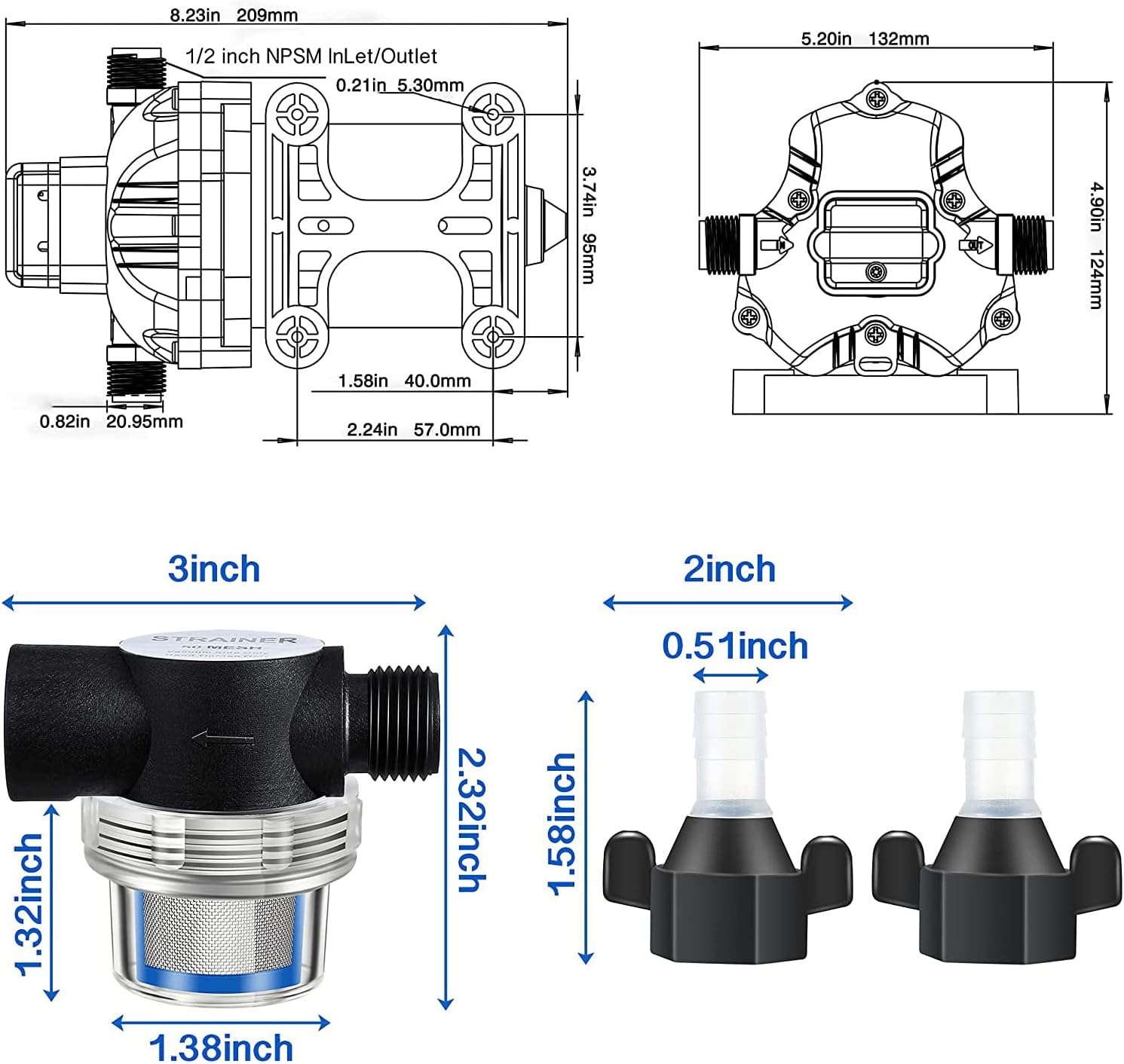Diaphragm Water Pump 12V with Pressure Switch 3.5 GPM 45 PSI Self Priming RV DC Washdown Pump with Fittings Strainer Filter A84824