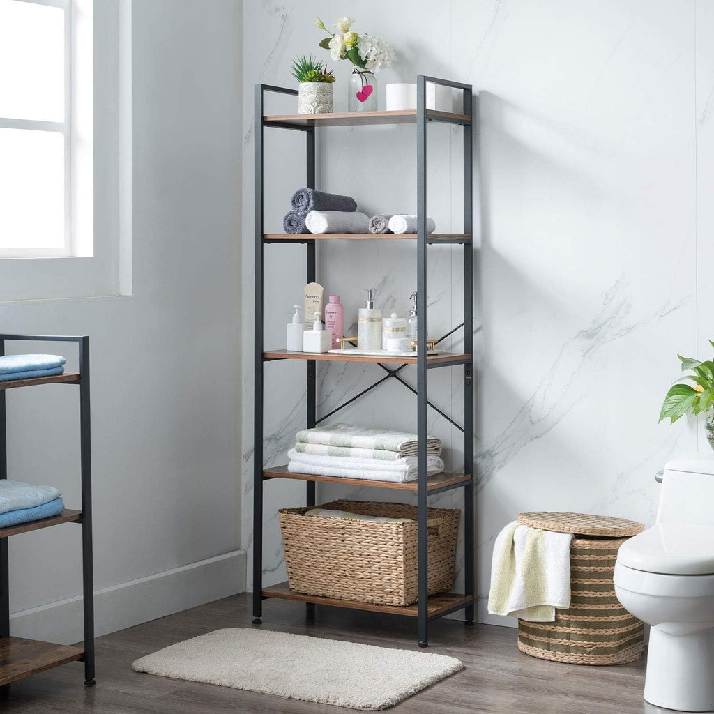 5-Tier Industrial Retro Brown Wood and Metal Bookcase U725