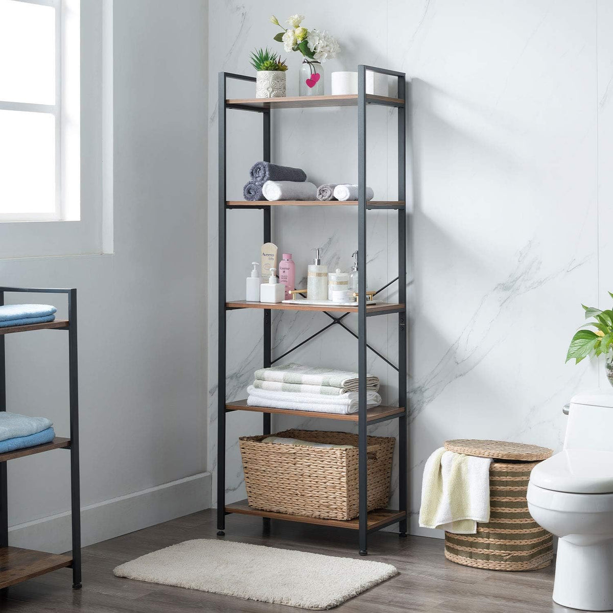5-Tier Industrial Retro Brown Wood and Metal Bookcase U725