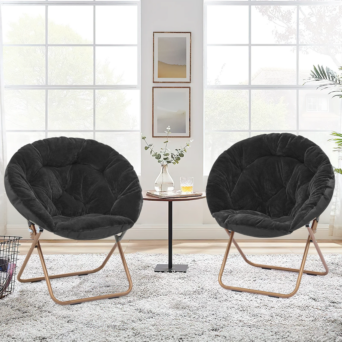 Black Faux Fur Folding Accent Chair with Metal Frame A8689