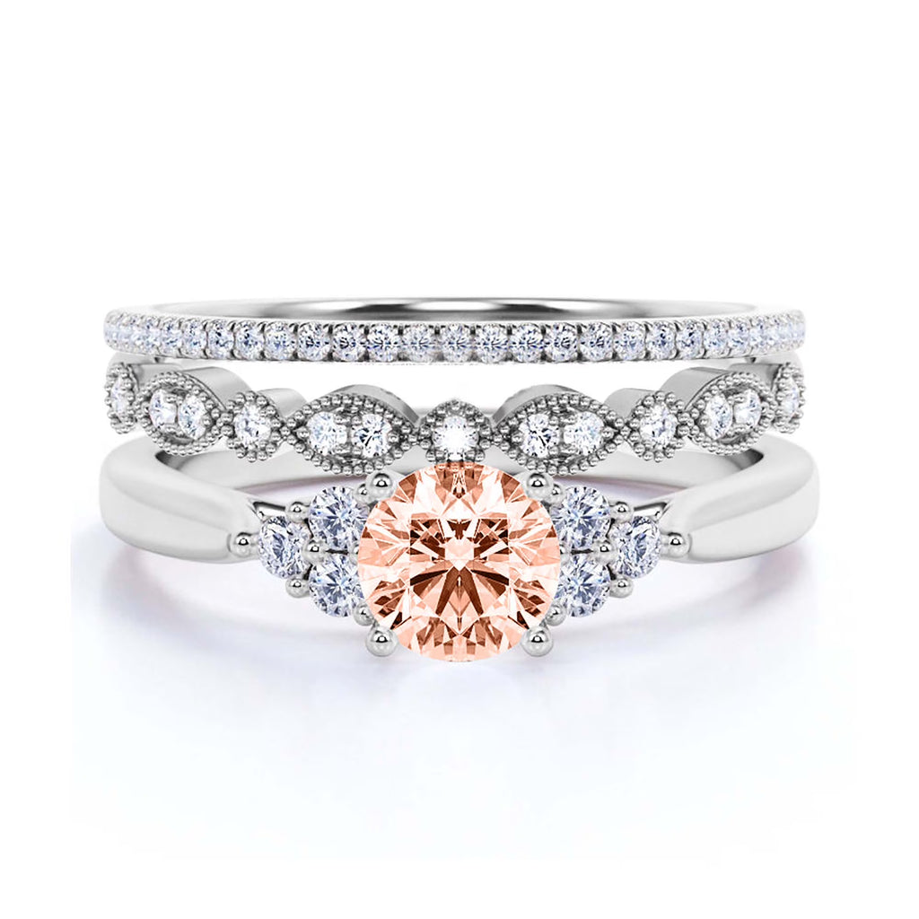 2.25 Carat Round Cut Morganite And Diamond Moissanite Engagement Ring in 10k Solid White Gold W448
