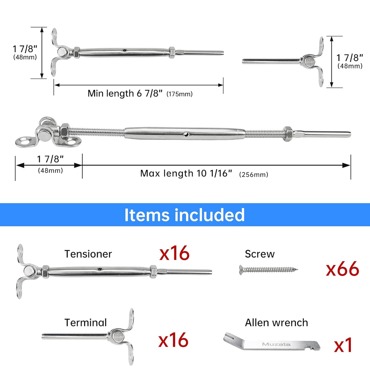 16Set Cable Railing Kit 1/8 T316 Stainless Steel Angle 180° Adjustable P110469