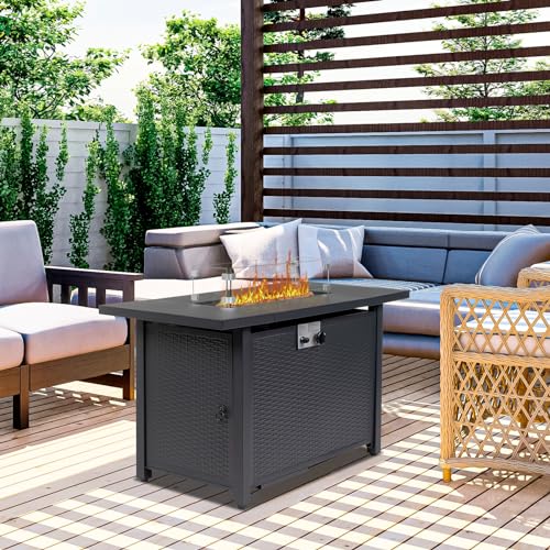 43 Inch Propane Fire Pit Table with Lid and Metal Tabletop, 50,000 BTU Gas Fire Pit Table with 6.6 Pounds Lava Stones C215