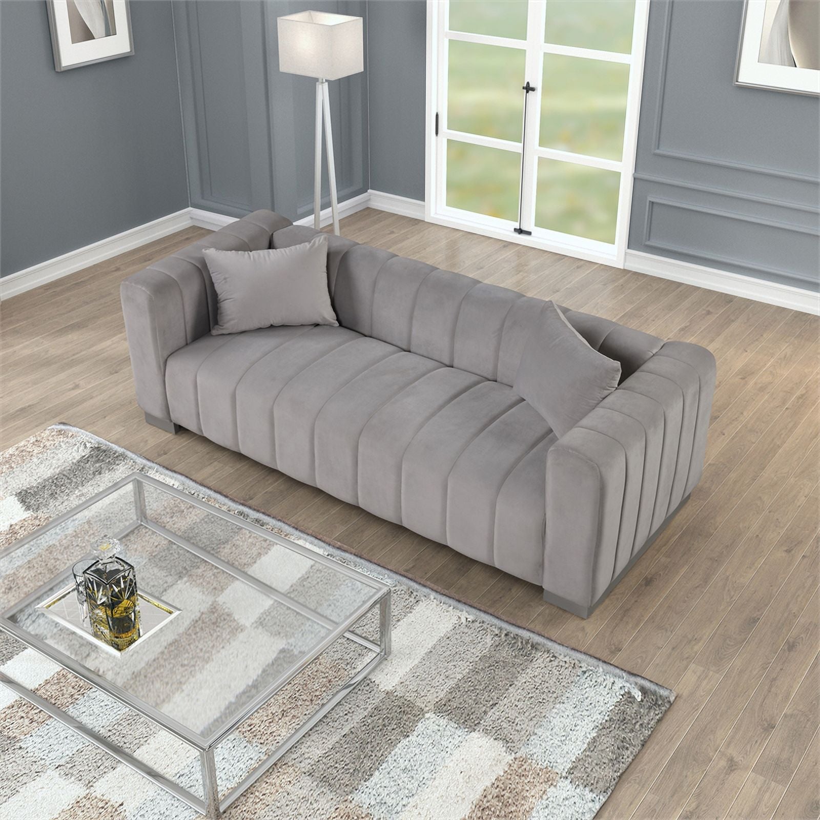 Light Gray Velvet 3 PC Sofa Loveseat Chair Set K410