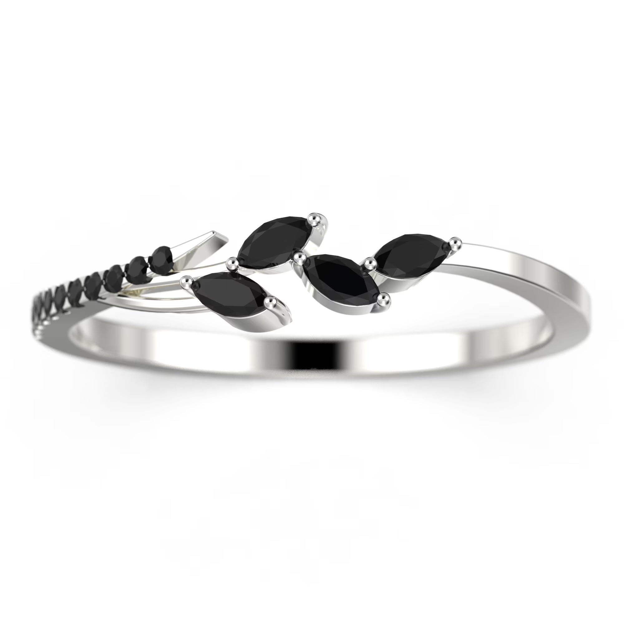 18K White Gold Over Silver Marquise Cut Black Diamond Moissanite Wedding Band B947