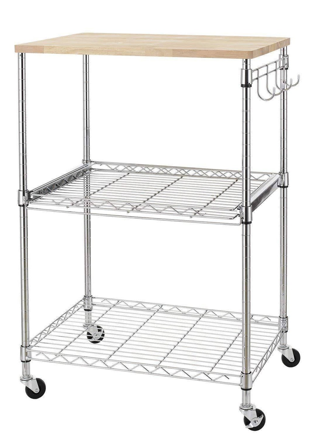 3-Tier Wire Rolling Kitchen Cart with Oak Cutting Board and Chrome Z995809