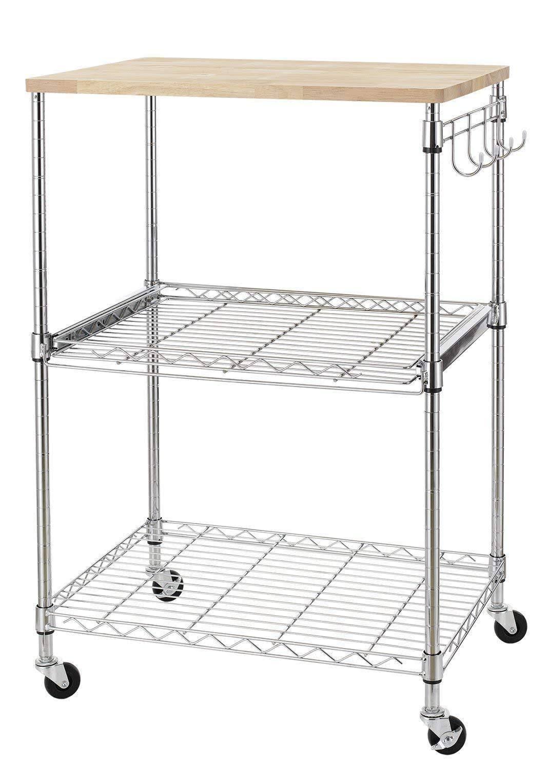 3-Tier Wire Rolling Kitchen Cart with Oak Cutting Board and Chrome Z995809