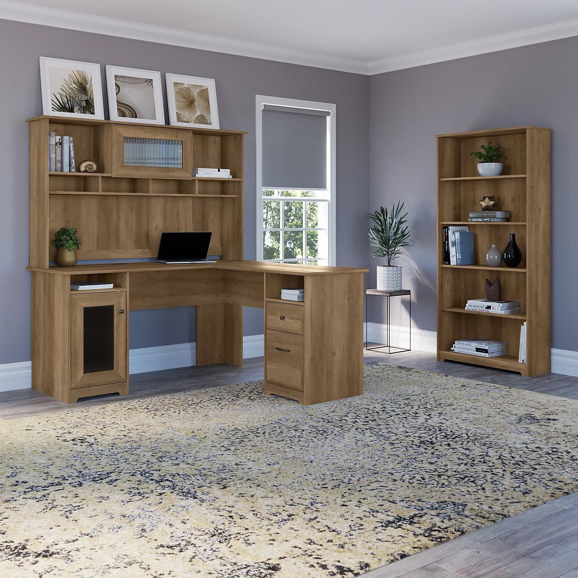 L-shaped Desk with 5-Shelf Bookcase and Hutch V906