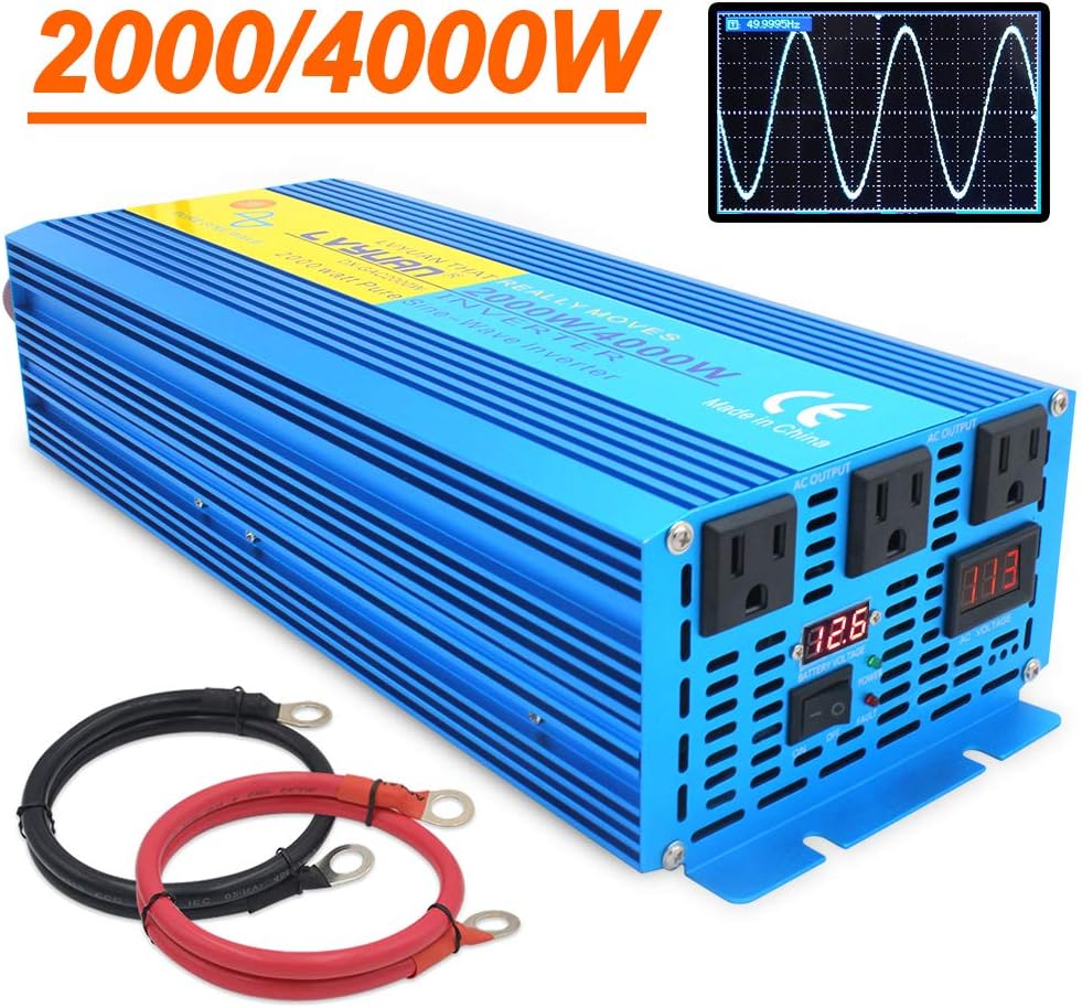 2000W Pure Sine Wave Power Inverter 12V DC to 110V AC with LED Display 3 AC Outlets V87735
