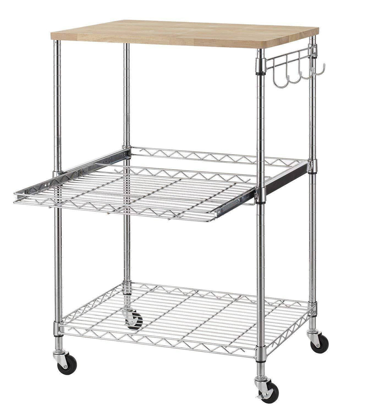 3-Tier Wire Rolling Kitchen Cart with Oak Cutting Board and Chrome Z995809