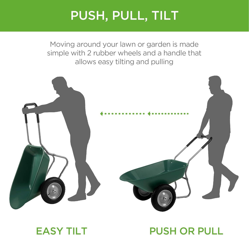 Green Dual-Wheel Utility Wheelbarrow Garden Cart with Built-in Stand B916
