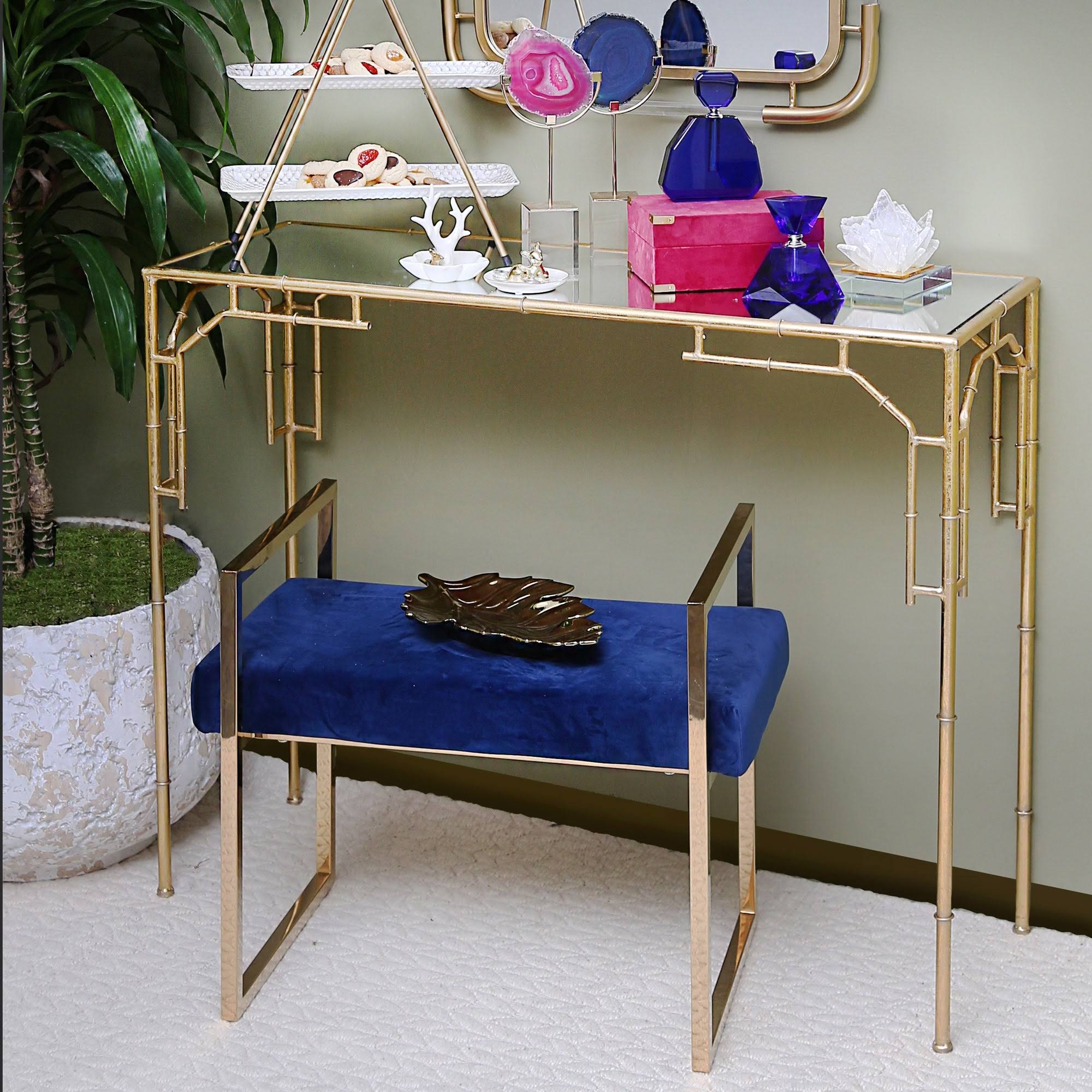 Navy/Gold Velveteen Bench with Handles Y650