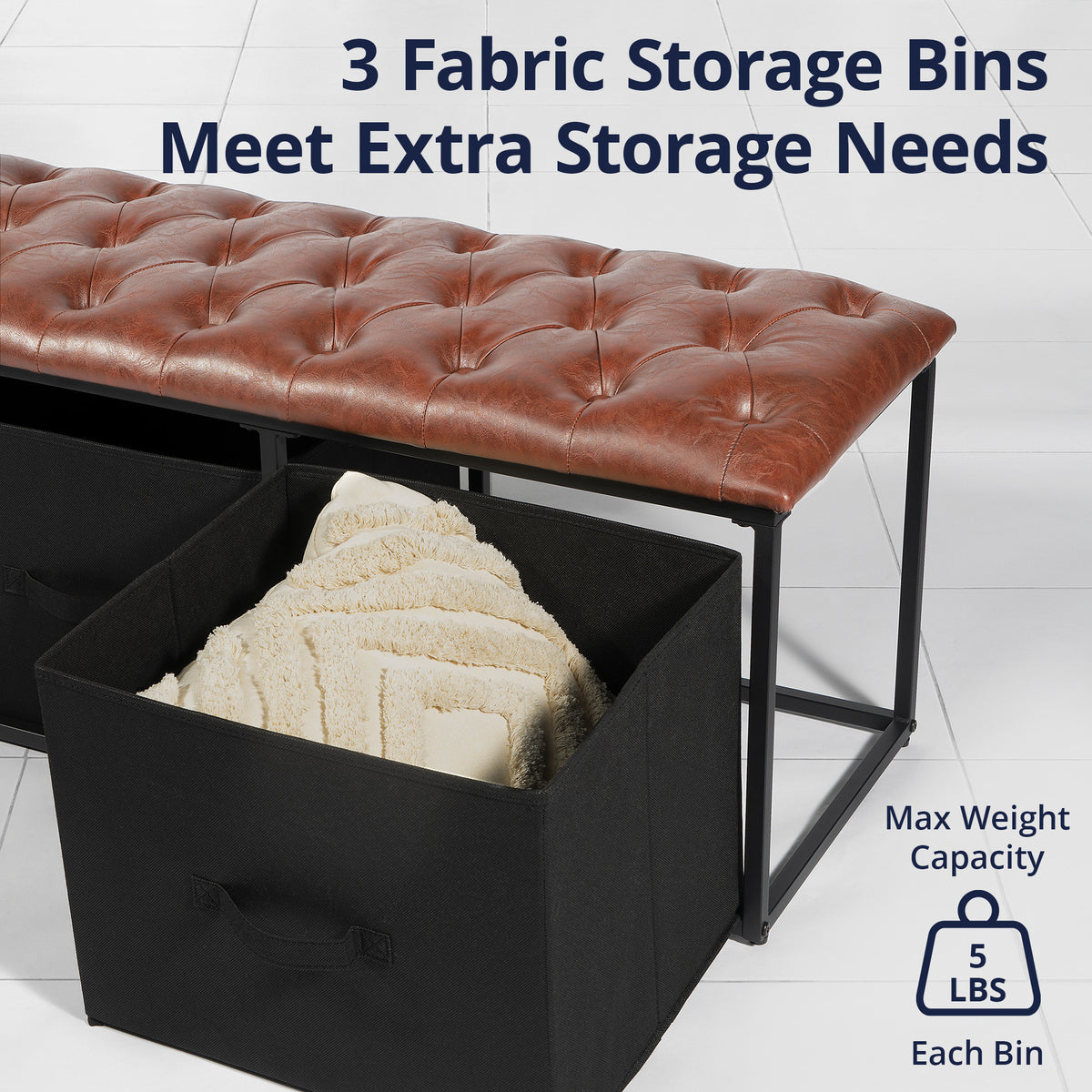 Brown Button Tufted Faux Leather Storage Bench A758694