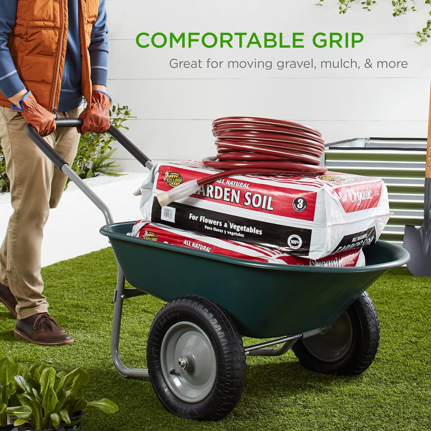 Green Dual-Wheel Utility Wheelbarrow Garden Cart with Built-in Stand B916