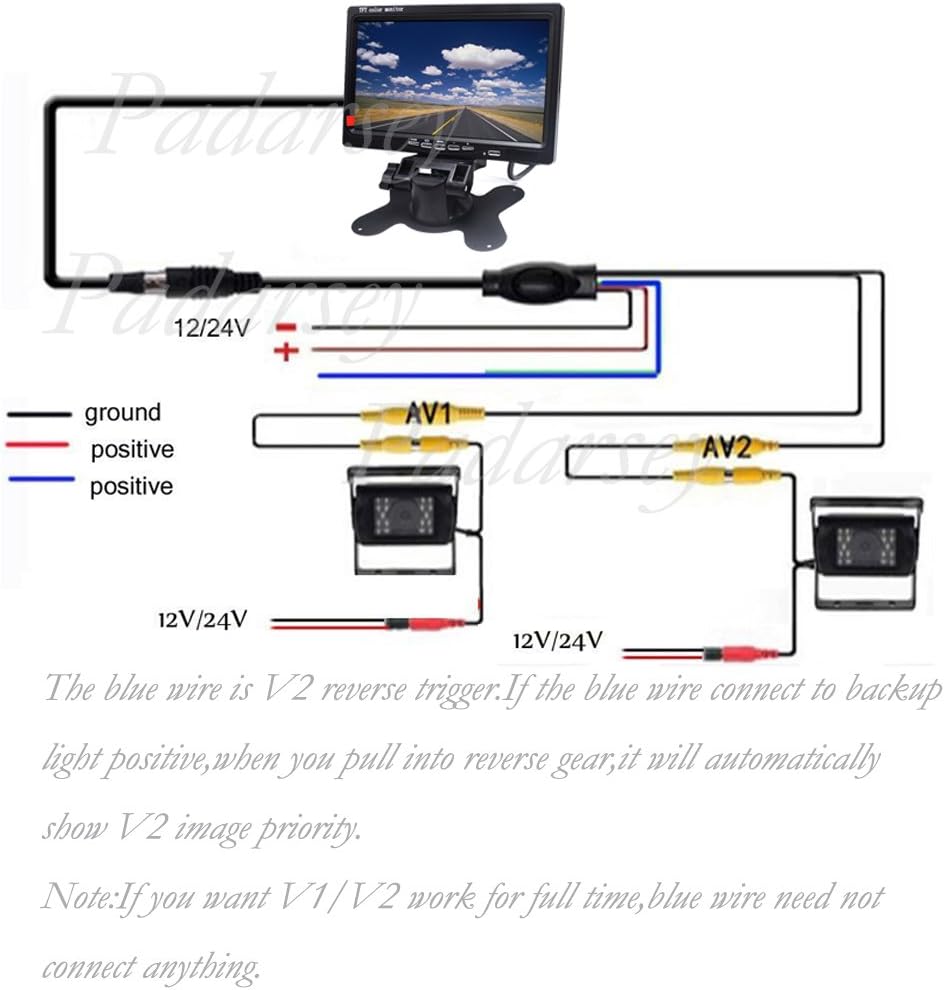 12V 24V Vehicle Backup Camera System Rear View Camera with 7 Monitor and 34 ft AV Cables Y7539