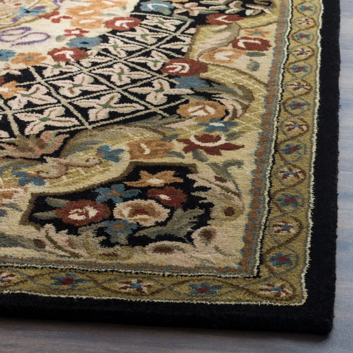 Floral Bordered Wool Area Rug, Black/Gold, 7'6" x 9'6" F2042