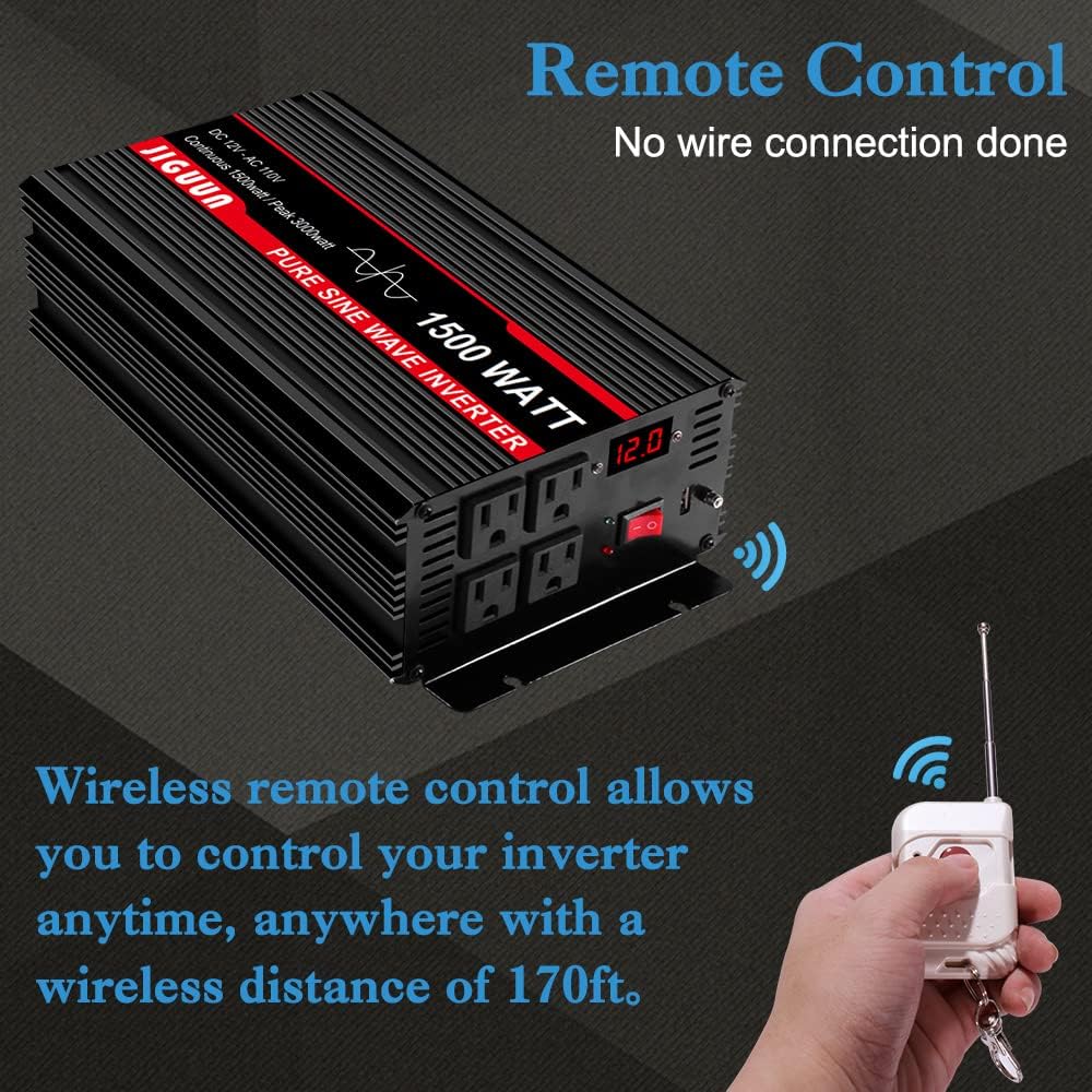 Pure Sine Wave Inverter 1500 Watt DC 12V to AC 120V with LCD, 4 AC Outlets & USB Output, 170ft Wireless Control R23525