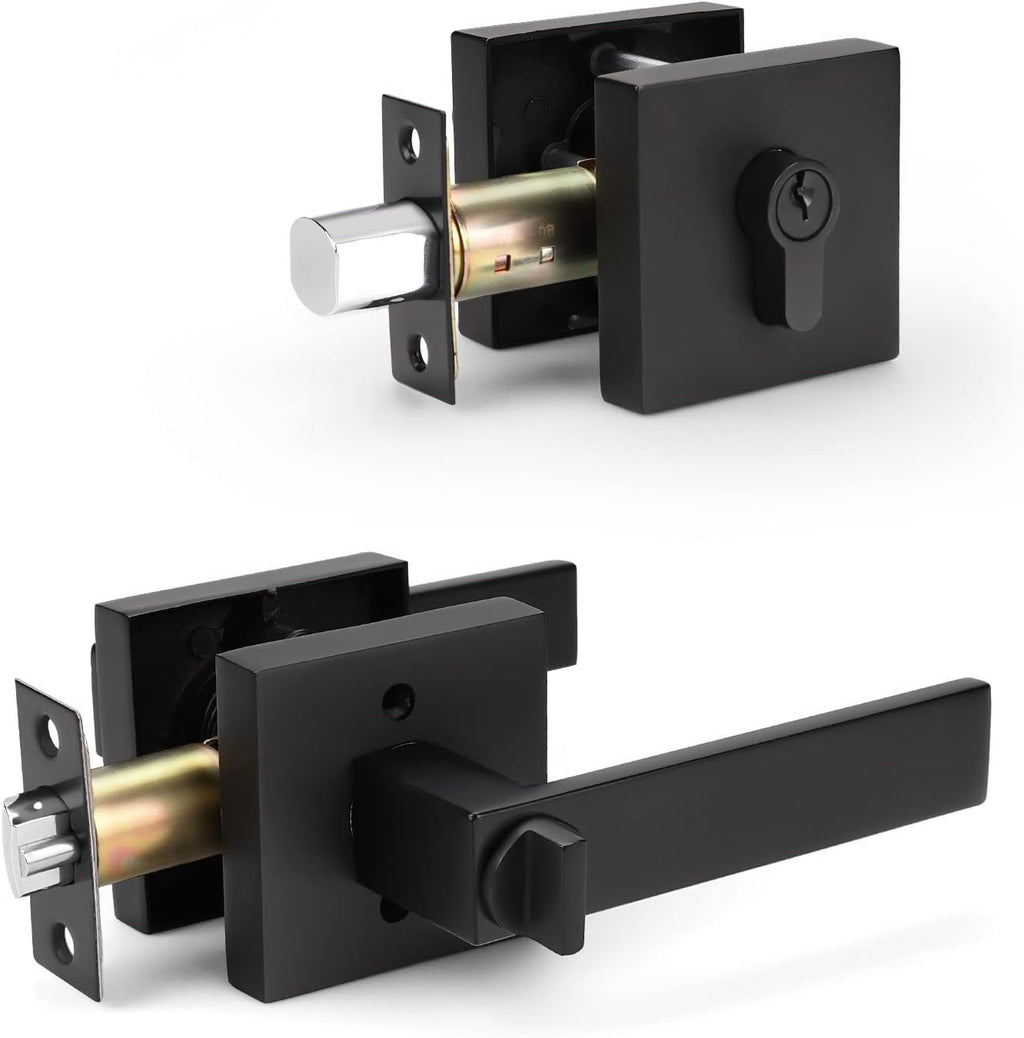 Matte Black Solid Steel Entry Door Handle Set with Deadbolt and Lever, Pack of 2 M6471