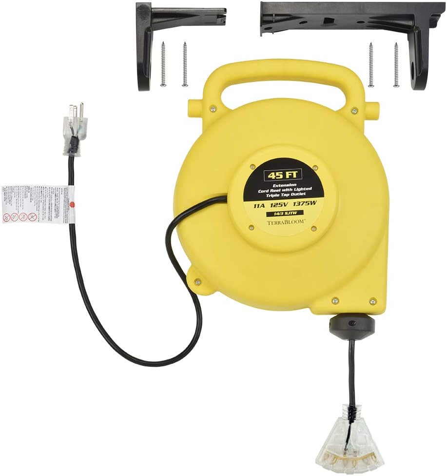 45 Ft Retractable Extension Cord Reel with 3 Electrical Outlets Heavy Duty Yellow Case Black Cable K742