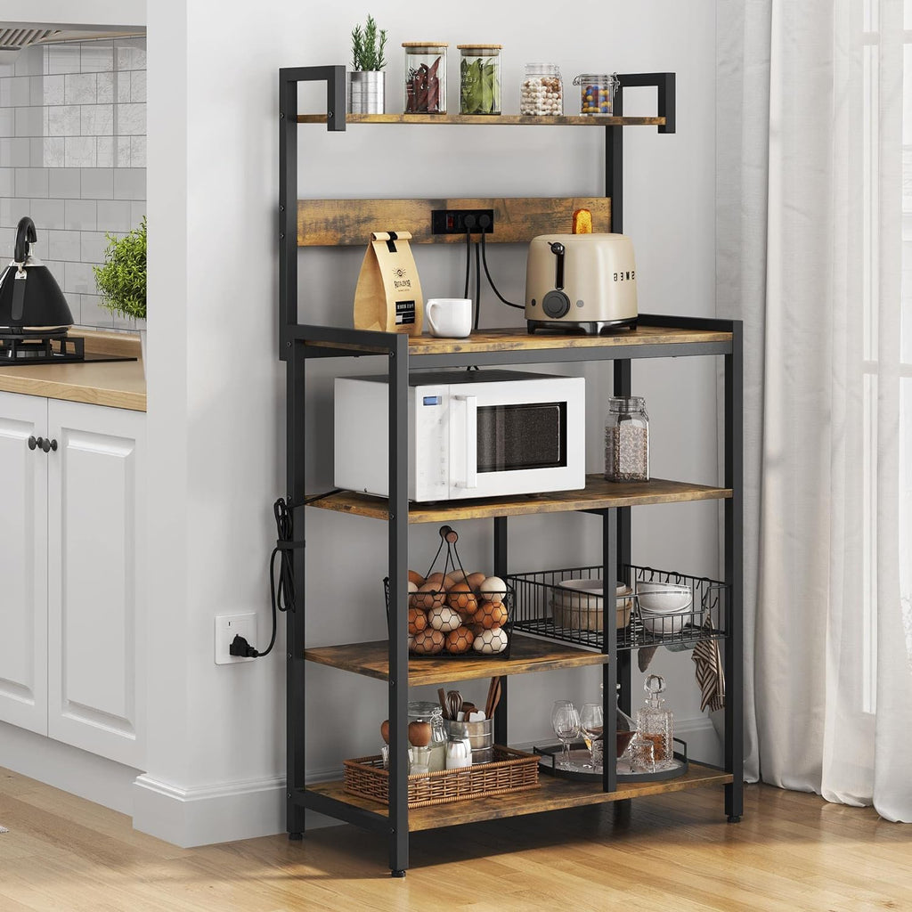 Rustic Brown 5-Tier Bakers Rack with Power Outlet R458