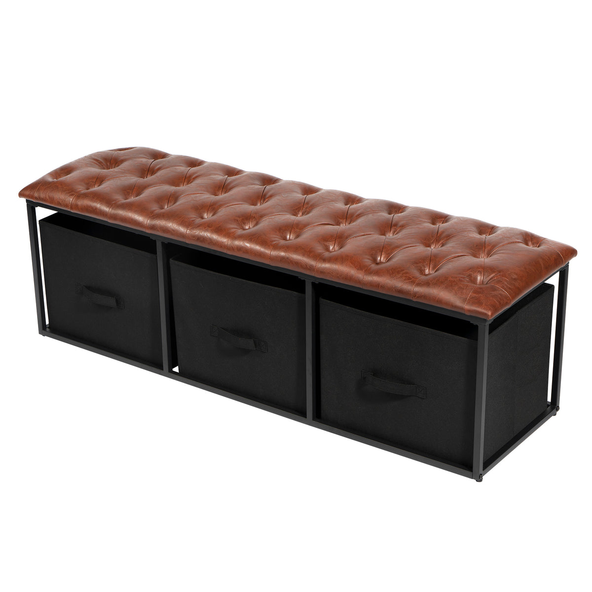 Brown Button Tufted Faux Leather Storage Bench A758694