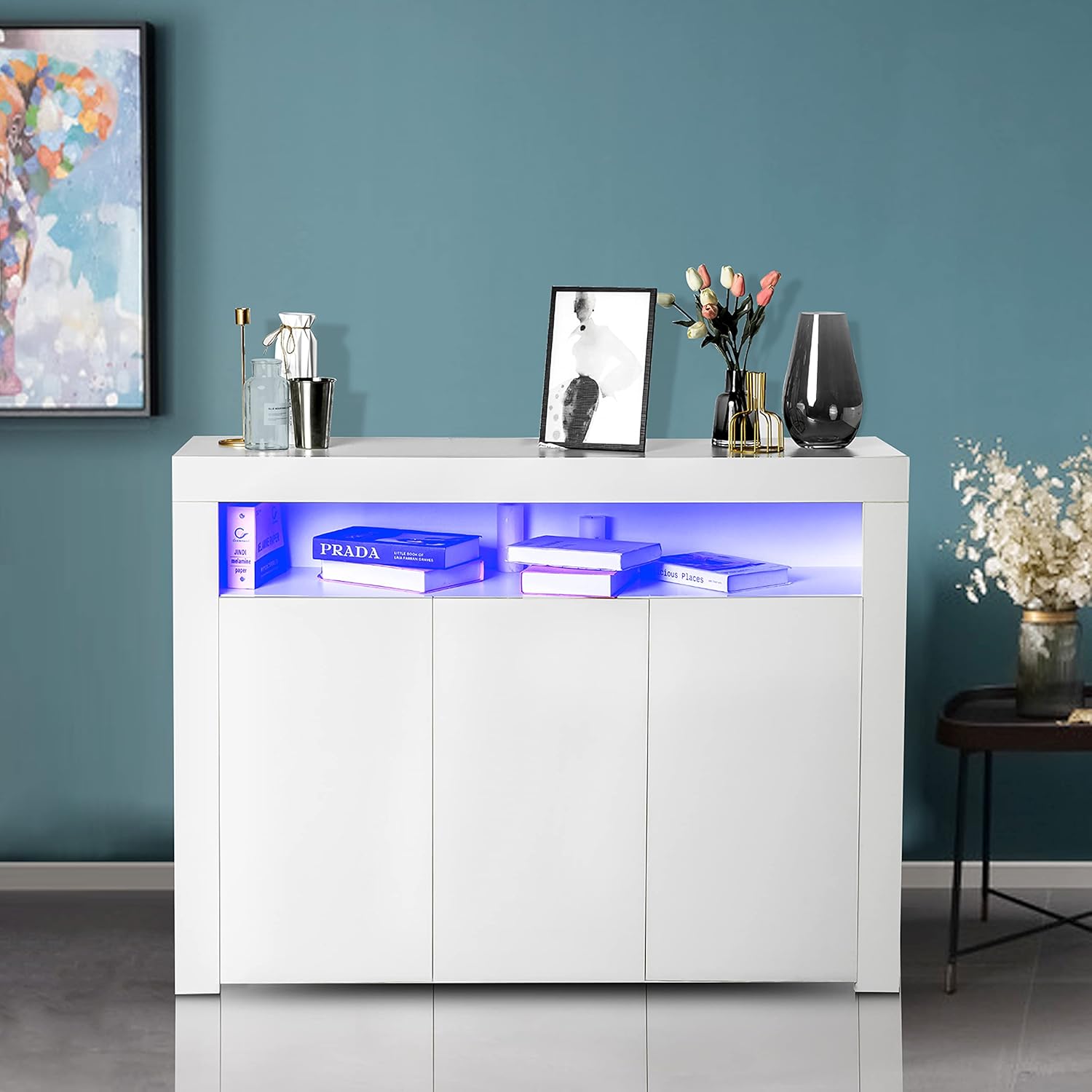 White 3 Door Sideboard Buffet Storage Cabinet with LED Light A985902