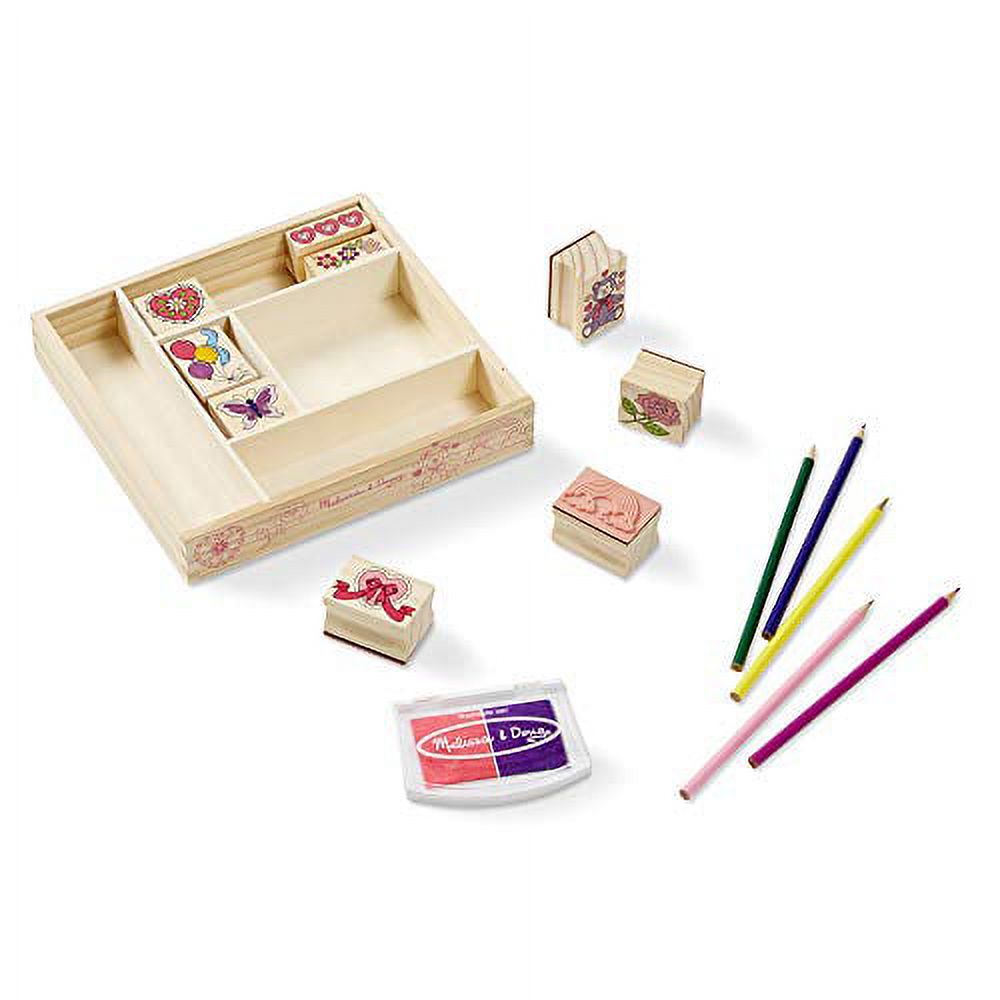 Wooden Stamp Set with 9 Stamps, 5 Colored Pencils, and 2-Color Stamp Pad C316561
