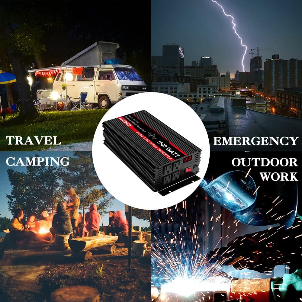 Pure Sine Wave Inverter 1500 Watt DC 12V to AC 120V with LCD, 4 AC Outlets & USB Output, 170ft Wireless Control R23525